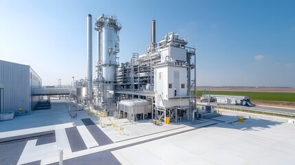 Aufkleber - Aerial view of a modern solar energy plant with biofuel production facility demonstrating a hybrid system of renewable energy sources and clean technology