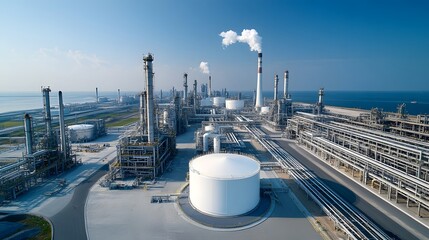 Poster - Aerial view of a sleek and modern fuel storage and processing facility with high tech pipelines tanks and against a cityscape and scenic skyline backdrop