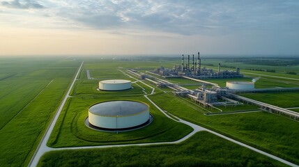 Poster - Aerial view of a modern sleek fuel storage facility with high tech energy processing infrastructure set amidst a lush green countryside landscape  The industrial complex features large storage tanks