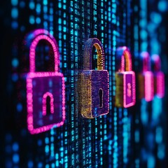 illustration of colorful digital locks on a blue binary code background