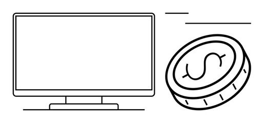 Computer monitor beside a dollar coin, representing online business, e-commerce, digital payments, financial technology, online investment, modern economy, and remote transactions. Flat simple