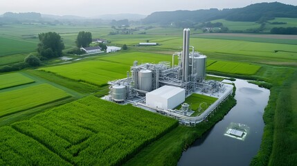 Aufkleber - Aerial view of a modern sustainable biofuel processing facility surrounded by lush green agricultural fields and countryside scenery  The plant represents an eco friendly