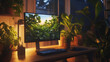 © Zologhraphy - Serene desktop setup with computer monitor displaying sunset scene, surrounded by lush potted plants and warm lighting
