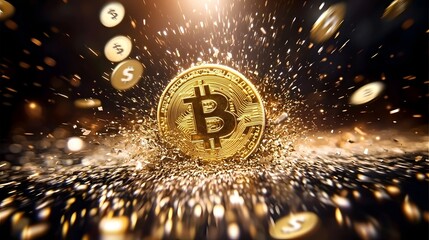Aufkleber - Intense scene of a golden Bitcoin cryptocurrency coin cracking and falling into an abyss