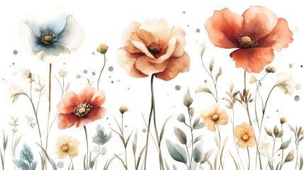 Poster - Elegant watercolor botanical set featuring a harmonious and serene floral composition with a variety of delicate hand painted flowers including petals and splashes