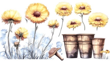 Aufkleber - Elegant watercolor botanical set featuring a variety of hand painted flowers with delicate petals and splashes creating a harmonious and serene floral composition  Showcasing a classic organic