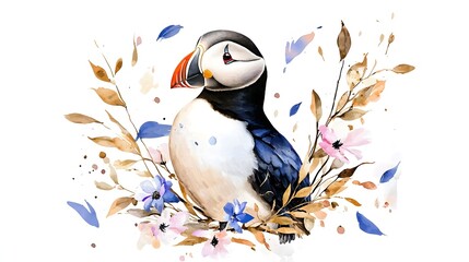 Poster - and Whimsical Watercolor Painting of a Puffin Bird Standing Proudly Its Striking Black and White Plumage and Bold Beak Blending Seamlessly with Soft Pastel Hues in a Nature Inspired Scene