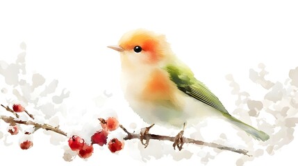 Poster - Whimsical Watercolor Painting of a Tiny Goldcrest Bird Perched on Snowy Twigs Its Golden Plumage Glowing Softly Against the Cold Wintery Background Bringing Warmth and Serenity to the Serene Scene