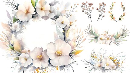 Poster - Beautifully curated collection of watercolor floral designs showcasing a variety of hand painted botanical elements with soft pastel tones and expressive textures