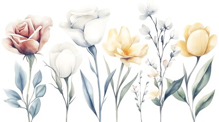 Poster - Graceful watercolor floral bouquet featuring an array of delicate blossoms and abstract botanical elements painted in a free flowing style and harmoniously arranged against a white backdrop