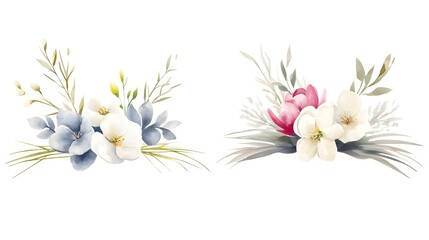 Poster - Graceful watercolor floral arrangement featuring an array of delicate blooms and abstract botanical elements harmoniously composed against a pristine white backdrop in a free flowing style