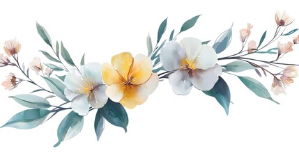 Poster - Delicate and graceful watercolor painting of a floral bouquet with an array of delicate blossoms and abstract botanical elements harmoniously arranged against a white backdrop in a free flowing style
