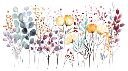 Poster - A sophisticated and collection of watercolor flowers rendered in soft and vibrant tones with a mix of abstract and botanical elements creating a visually captivating floral composition