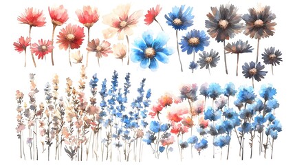 Poster - Expressive Watercolor Floral Set with Harmonious Botanical Elements on Clean Background
