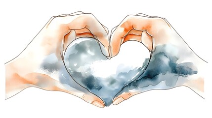 Poster - A vibrant watercolor showcases two hands gracefully forming a heart shape  painted in a blend of warm and cool hues  This captivating artwork symbolizes the powerful emotions of love