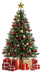 Aufkleber - Decorated Christmas tree with red and gold ornaments, lights, and gifts underneath, isolated on a transparent background
