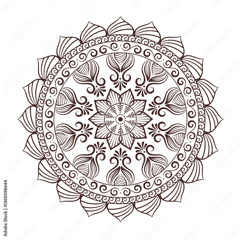 Intricate line art mandala illustration with floral patterns, swirls ...