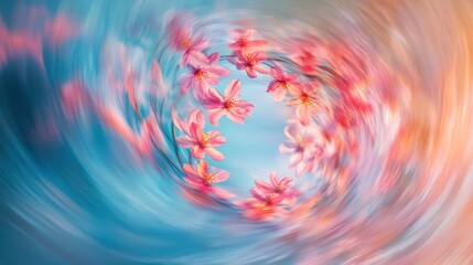 Canvas Print - Cherry blossom petals swirl in the breeze softly blurred background of a radiant blue sky