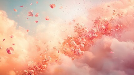 Wall Mural - Cherry blossom petals flow like a gentle current through a sky filled with soft glowing clouds