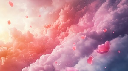 Canvas Print - Soft glowing cherry blossom petals drift through a sky filled with cotton-like clouds in this dreamy backdrop