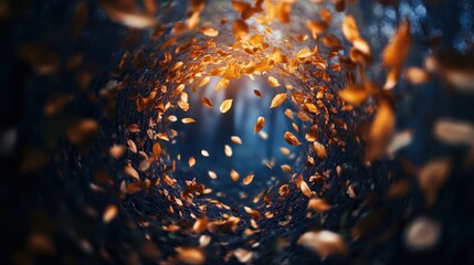 Canvas Print - Golden autumn leaves float in a mesmerizing vortex against a moody indigo backdrop