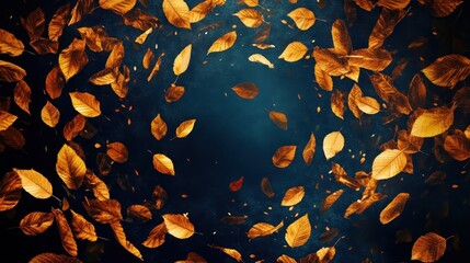 Canvas Print - Surreal autumn leaves form a vortex of golden leaves against a deep indigo background
