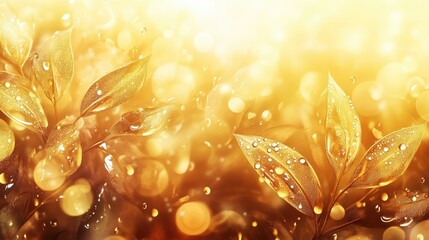 Canvas Print - Sunlit morning dew with shimmering leaves and soft golden bokeh creating a dreamy backdrop
