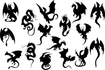 Wall Mural - dragons set of black silhouettes, vector