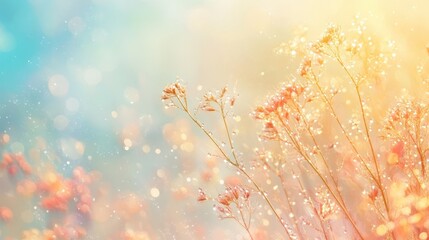 Wall Mural - Dewdrops on fragile flower stems casting golden bokeh effects in a misty watercolor sky in this poetic morning dew backdrop