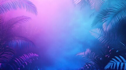 Wall Mural - Immersive neon jungle with vines and ferns reflecting electric blue and purple light mist rolling in from the distance