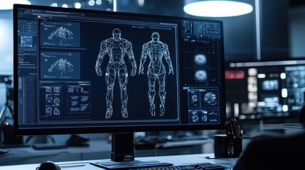 Close-up of a game developer workstation, detailed character sketches on a monitor.