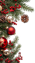 Aufkleber - Christmas border arranging pine cones, red berries, colorful ornaments and snowy pine branches on transparent background