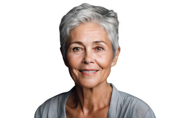 Fototapete - Close-up portrait of a senior woman with gray hair, smiling on face, isolated on transparent background