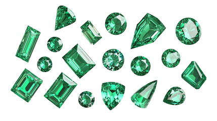 Aufkleber - Polished emerald gems displaying varied geometric cuts, reflecting luxury and elegance against clean transparent backdrop