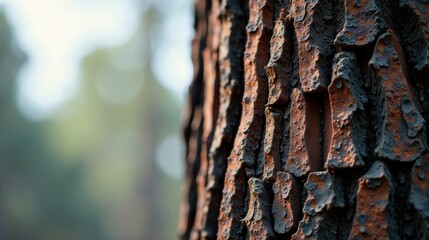 Close-up view of textured tree bark exhibiting a unique pattern of dark gray and rusty brown hues, blurred background suggesting a natural outdoor setting