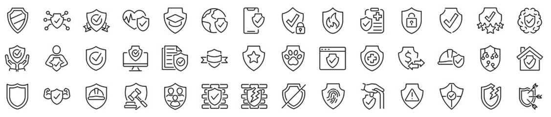 Wall Mural - set of 42 outline icons related to shield, protection. linear icon collection. editable stroke. vect