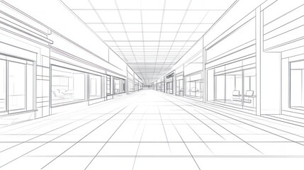 Architectural drawing of a shopping mall corridor