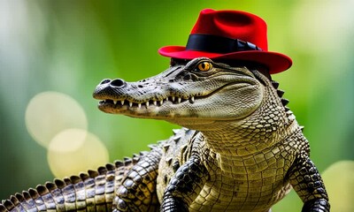 a crocodile in bright red fedora hat against green background. boldness, style, and a hint of myster