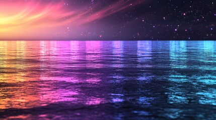 Wall Mural - Waves shimmer with shades of pink, purple, and blue as the sun sets, creating a serene atmosphere. Stars twinkle above, enhancing the tranquility of the moment