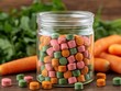 © photobuay - Colorful healthy pet treats in a glass jar surrounded by fresh carrots and greens on a rustic wooden table