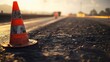 © Mehak - close-up of road cone on asphalt with warm sunset light