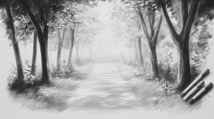  Forest Path Drawing: Shaded Trees & Light. (1)