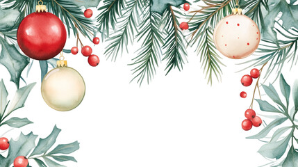 Aufkleber - Watercolor Christmas border featuring red and beige baubles, holly leaves, berries, and fir branches on a transparent background