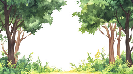 Poster - Watercolor painting of a vibrant green forest with a transparent center, ideal for nature-themed designs and compositions