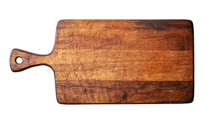 worn wooden cutting board with handle, displaying surface texture and scratches on clear backdrop