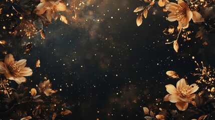 Canvas Print - Floral background with swirling tendrils and gold ink splatters on deep black