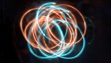 Poster - glowing neon light trails in motion, futuristic abstract energy swirl with blue and orange hues on black, digital background

