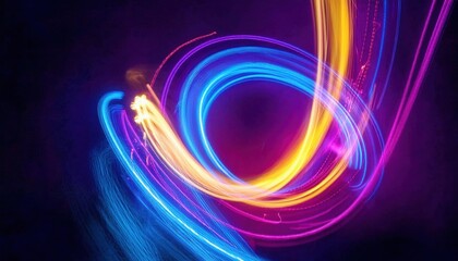 Wall Mural - vibrant neon light trails in dynamic motion, abstract energy waves of blue, pink, and yellow on a dark background for digital art and modern design

