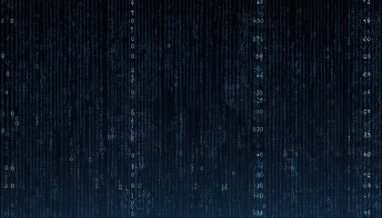 A digital matrix pattern of green and blue lines glows with binary code texture against a dark backdrop