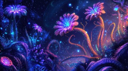 Canvas Print - Alien flora with glowing petals and tendrils shifting between neon hues in swirling cosmic mist